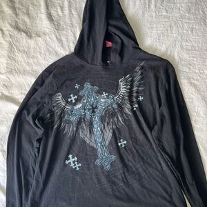 Black Hooded Shirt with Blue Cross Design